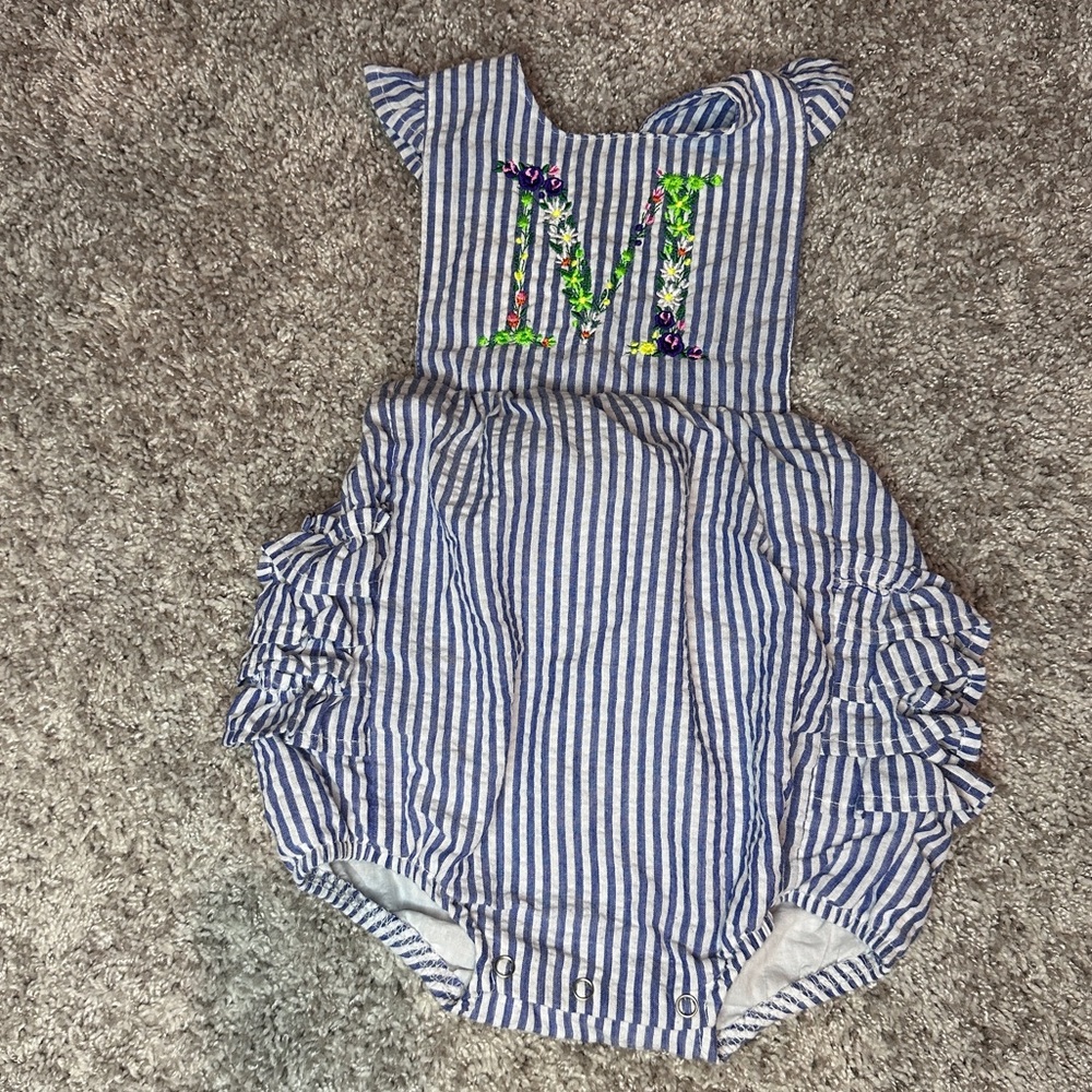 Monogram M- LTC Love that Cotton - navy/white stripe ruffle romper sunsuit 18m